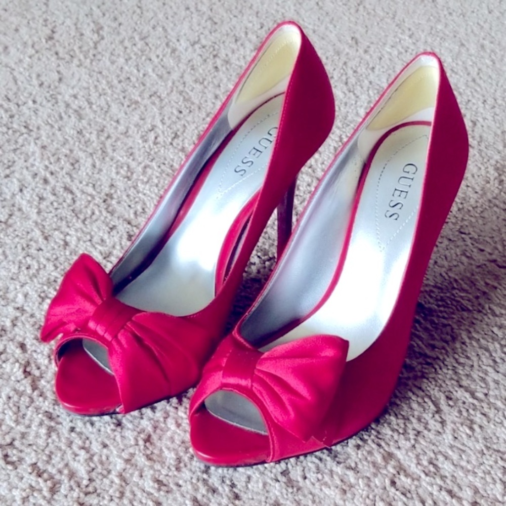 Guess Red Satin Stilettos Pumps Heels Peep Toes